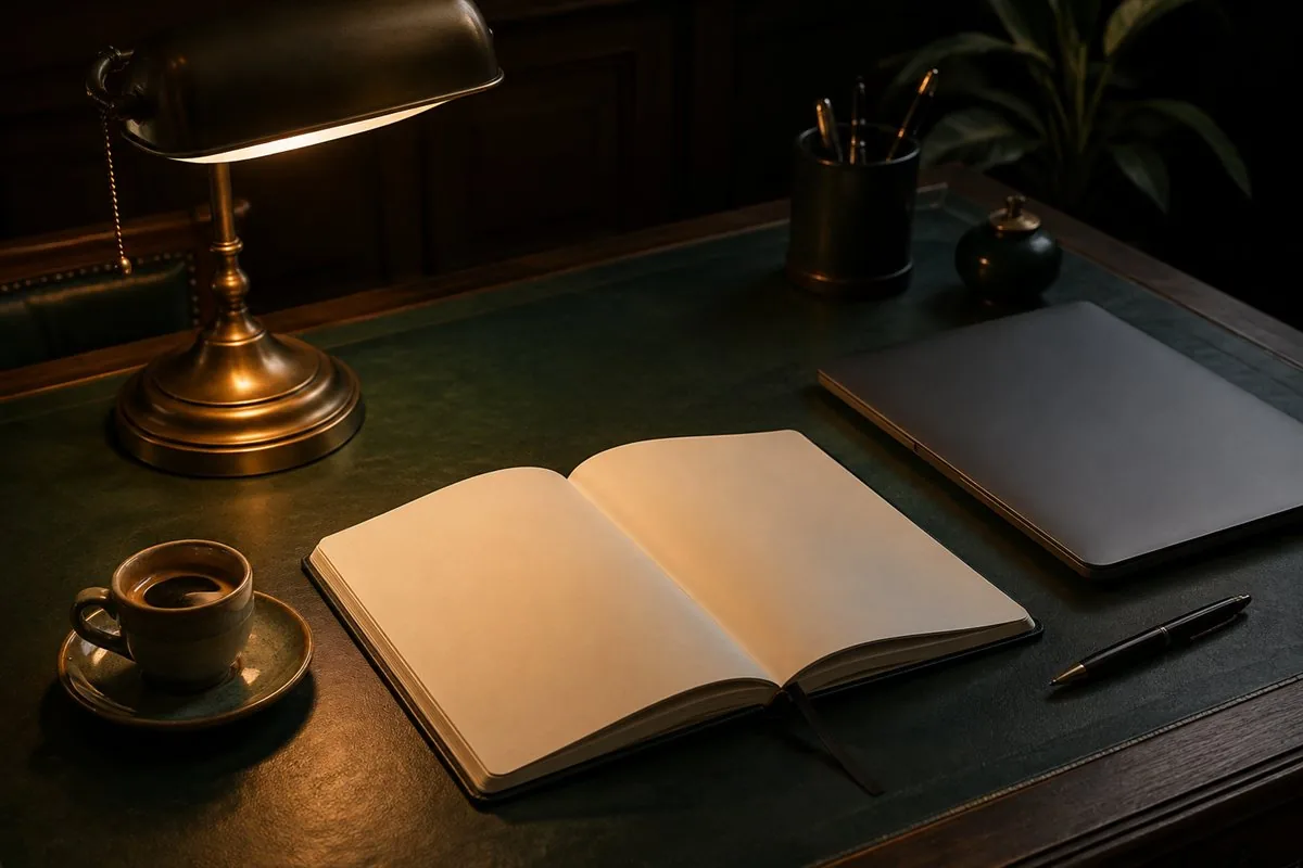 Caderno aberto sobre uma mesa verde, com luminária e computador
