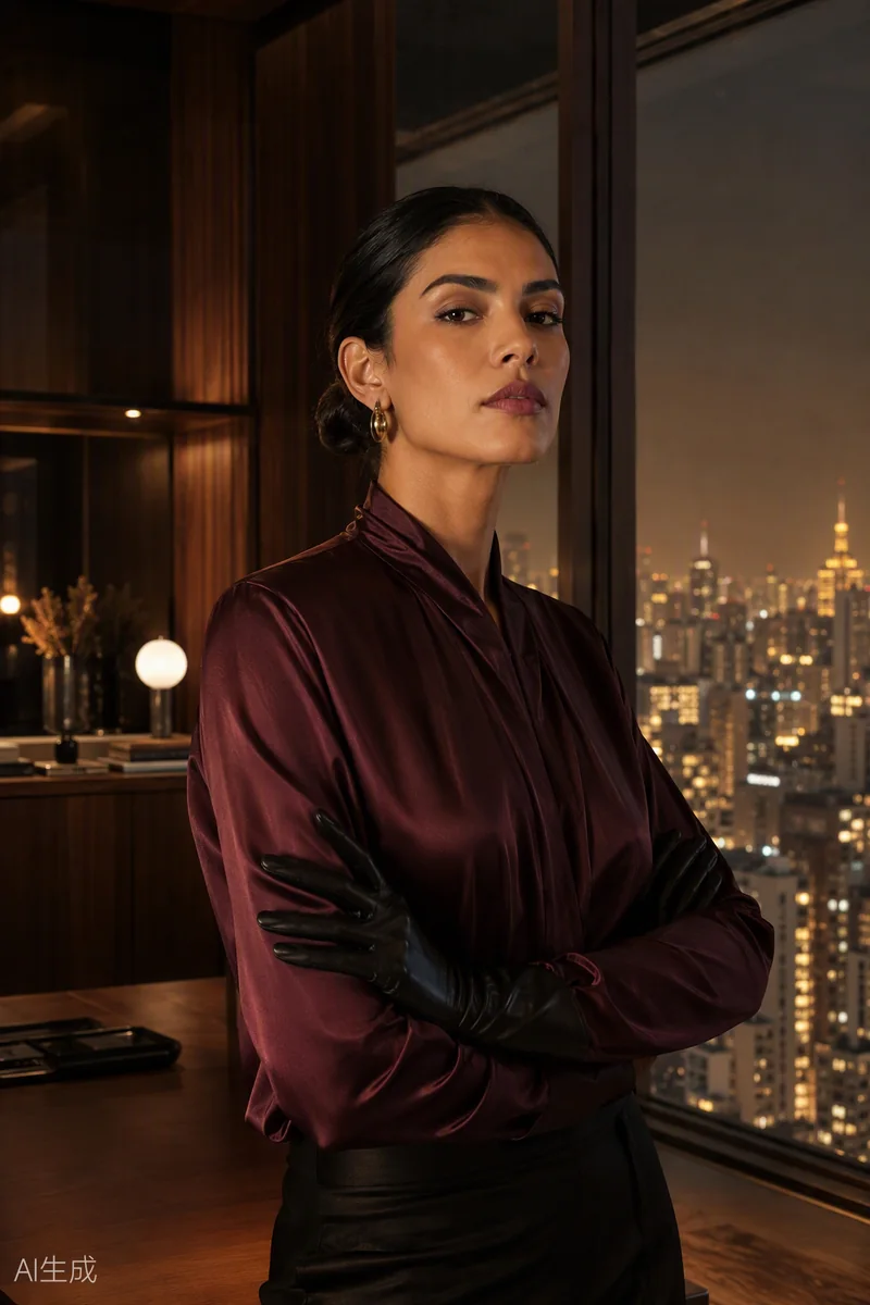 Findomme de blusa bordô e luvas de couro junto a janela com luzes da cidade