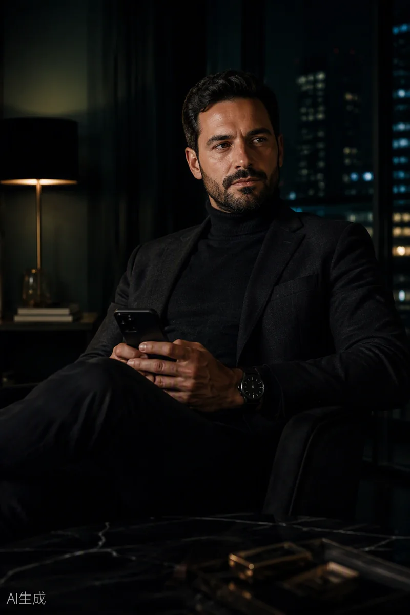 Paypig de turtleneck em apartamento escuro com luz quente
