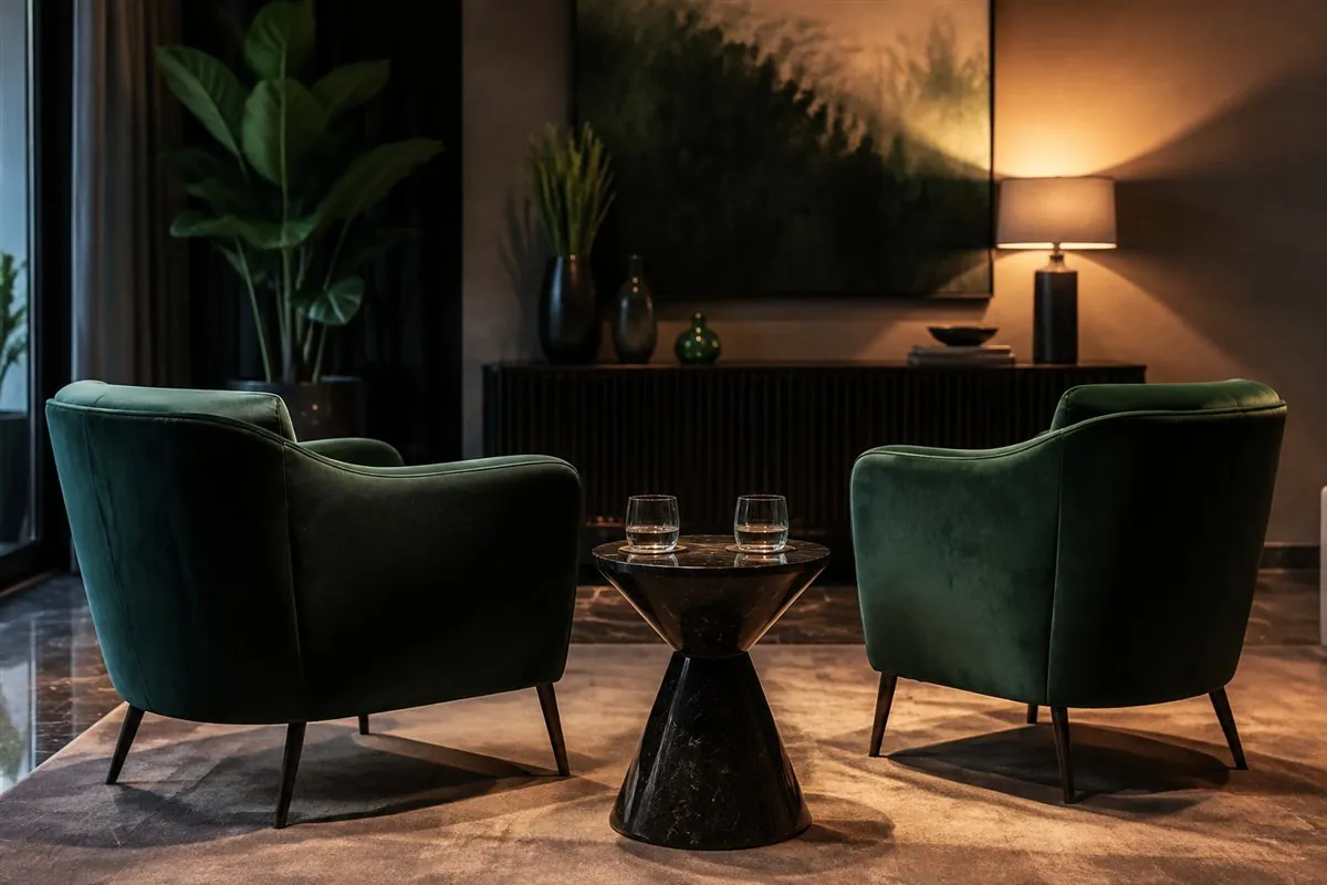 Duas poltronas verdes voltadas para uma mesa em um ambiente tranquilo