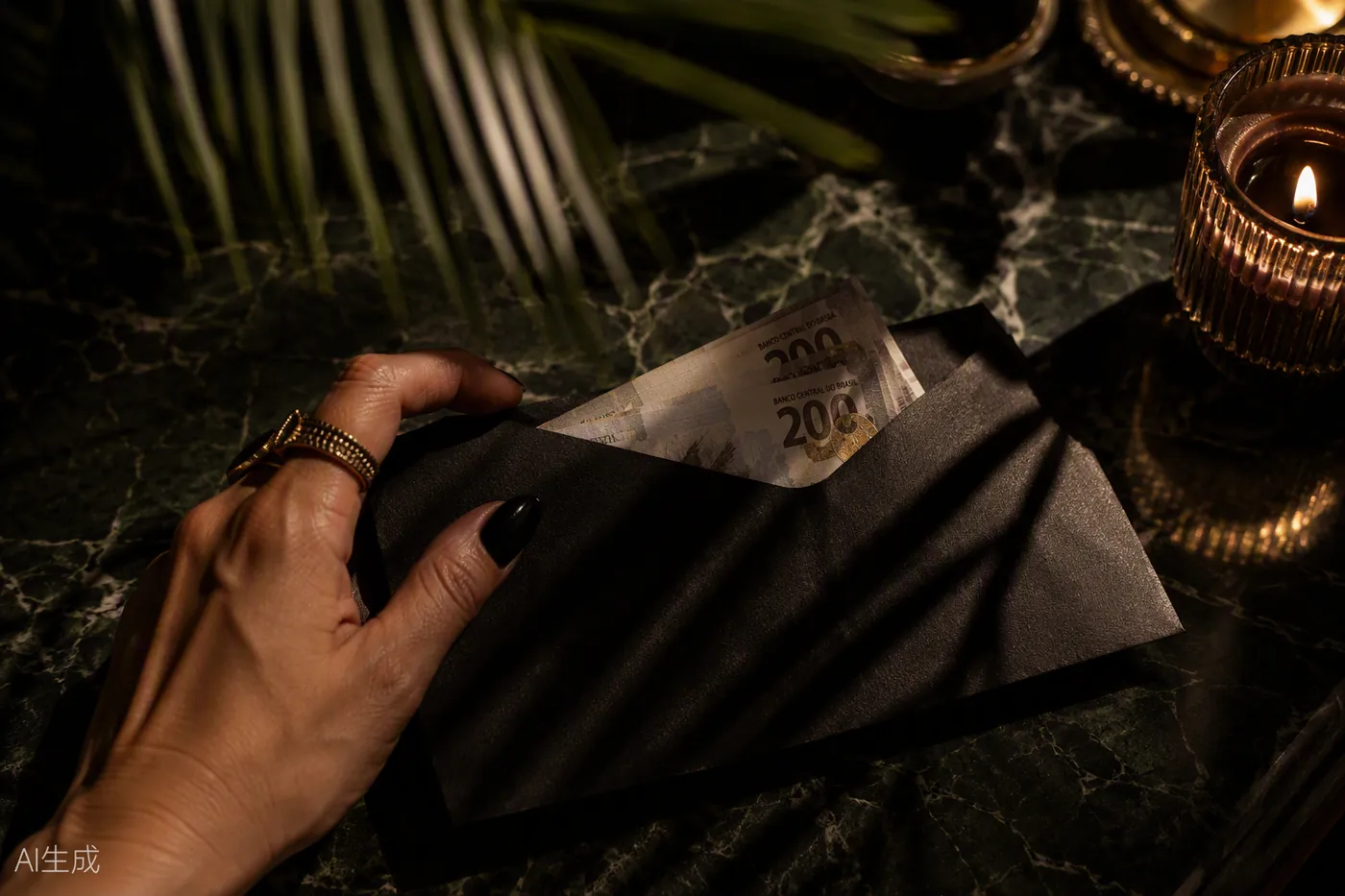 Envelope com notas de real sobre mármore verde